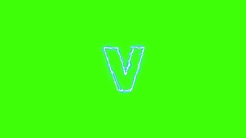 Electrical Lightning Of Letter V On Green Background, Lettering On Chroma Key