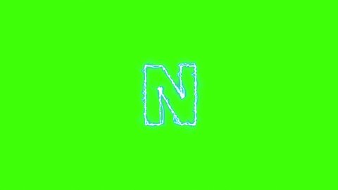 Electrical Lightning Of Letter N On Green Background, Lettering On Chroma Key