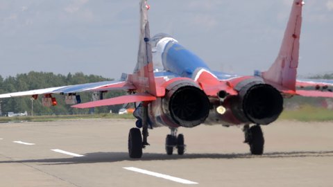 Moscow Russia Zhukovsky Airfield 25 July 2021: aerobatic team swifts MiG-29 perfoming demonstration flight of the international aerospace salon MAKS-2021.