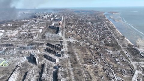Bombed Mariupol aerial view. Bombed city in Ukraine.