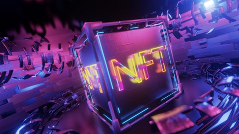 Rotation of technological cube with neon NFT inscription. Seamless animation.