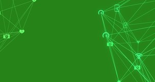 Animation of network of connections with icons on green background. global technology and digital interface concept digitally generated video.
