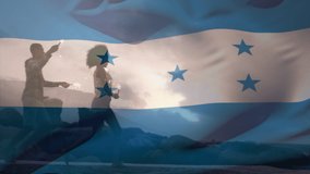 Animation of waving of honduras flag over group of friends on the beach. travel and holidays concept digitally generated video.