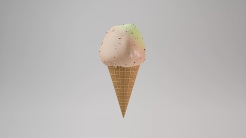 ice cream melting in a  waffle cone, 4K seamless loop, 3D render animation