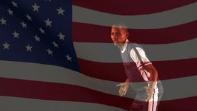Animation of waving usa flag and falling confetti and flames over football player. global sports and competition concept digitally generated video. - Powered by Shutterstock - Get 15% off with code: PIKWIZARD15