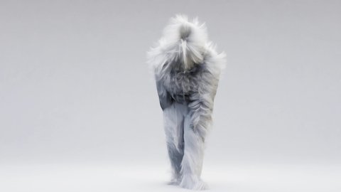 Hairy Monster Dancing clip isolated on the white background. fur bright funny fluffy character, fur, full hair, Chewbacca, snowman, 3d render. Sneaking out.