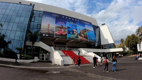 Cannes, France, October 3, 2021: SLOW MO Red Carpet stairs - Grand Auditorium Louis Lumiere in Cannes, Cannes is a city located on the French Riviera and host city of the annual Cannes Film Festival.