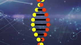 Animation of data processing and dna strand over blue background. global business, finances, connections and digital interface concept digitally generated video.