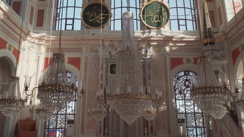 Istanbul, Turkey - September 18, 2021: Awesome interior of Ortakoy Mosque. The Ottoman imperial mosque is a popular destination among tourists and pilgrims in the world.