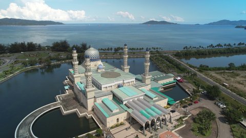Aerial view Kota Kinabalu Mosque, Sabah Malaysia, 4K.