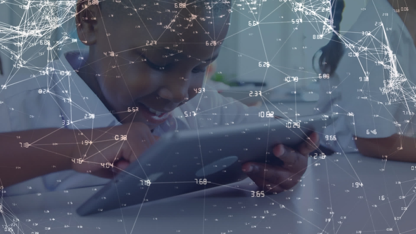 Animation of network of connections over diverse schoolchildren using tablet. global technology, connections and digital interface concept digitally generated video.