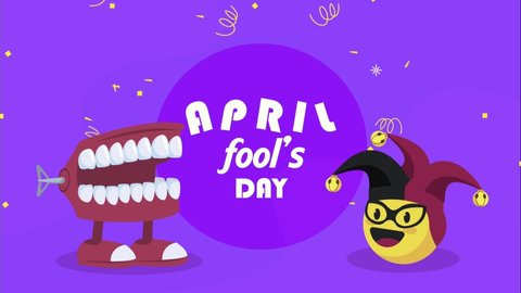 april fools day lettering with crazy mouth and joker hat , 4k video animated