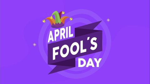 april fools day lettering with ribbon and joker hat , 4k video animated