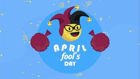 april fools day lettering with joker emoji and fart bags , 4k video animated