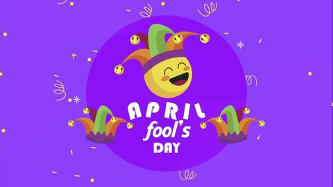 april fools day lettering with joker emoji and hats , 4k video animated