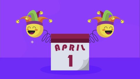 april fools day animation with joker emojis and calendar , 4k video animated