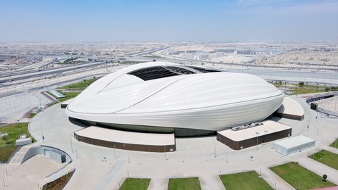 AL WAKRAH, QATAR - 2022: Aerial view of Al Janoub Stadium, modern football (soccer) stadium for FIFA World Cup 2022.
