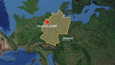 Designation of the borders of Germany on the map and the mark of the location of the city of Dusseldorf