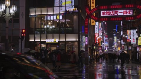 Tokyo, Japan - April 10 2022: Red light district, Kabukicho in Tokyo, rainy night