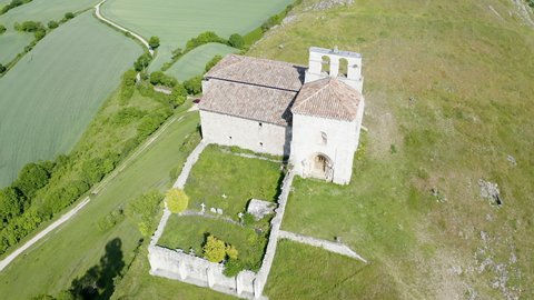 Aerial view of the hermitage of San Pantaleón de Losa, a Romanesque hermitage located in the town of San Pantaleón de Losa, in the Burgos municipality of Valle de Losa, Spain.