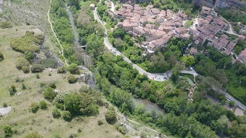 Aerial view of the granite cliffs around the town of Orbaneja del Castillo in Burgos, Spain.