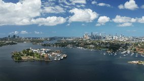 Aerial video of Sydney Harbour and Cockatoo Island in daytime