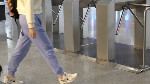 BARNAUL - JANUARY 21 Automatic turnstile with sliding doors to control the flow of people on January 21, 2020 in Barnaul, Russia.