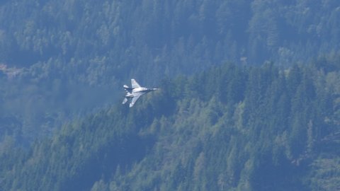 Zeltweg Austria SEPTEMBER, 3, 2016 Military plane supersonic interceptor does high performance combat maneuvers at low altitude. Mikoyan Gurevich MiG-29 Fulcrum of Polish Air Force