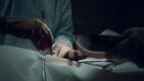 Assistant handing surgery tools to practitioner dark operating theater closeup. Unknown professional surgeon perform serious surgical operation in clinic intensive care unit. Surgery process concept. - Powered by Shutterstock - Get 15% off with code: PIKWIZARD15