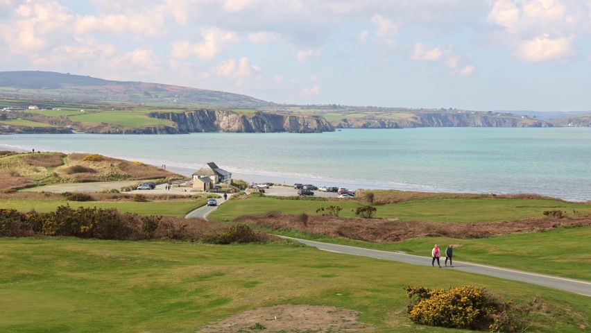 View of Newport Sands Beach from the golf club. Newport, Pembrokeshire, Wales. UK
