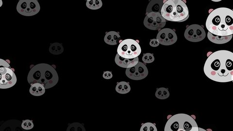 Horizontal Social Media Cute Animated Panda Bears Flying Pattern Isolated on Black, Green and White Backdrop Bears pattern repeated wallpaper background cartoon face bear character 4K Video backdrop