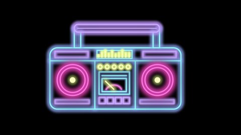 Retro Neon Boombox Music Cassete Stereo Recorder Seamless Loop isolated on a black background. 80s Disco Concept.