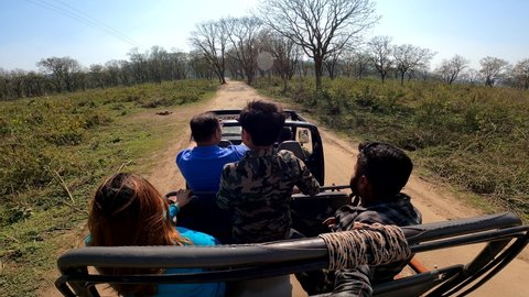 Jim Corbett National Park, India - March 10 2022: A safari Jeep going through a forest reserve with family aboard.