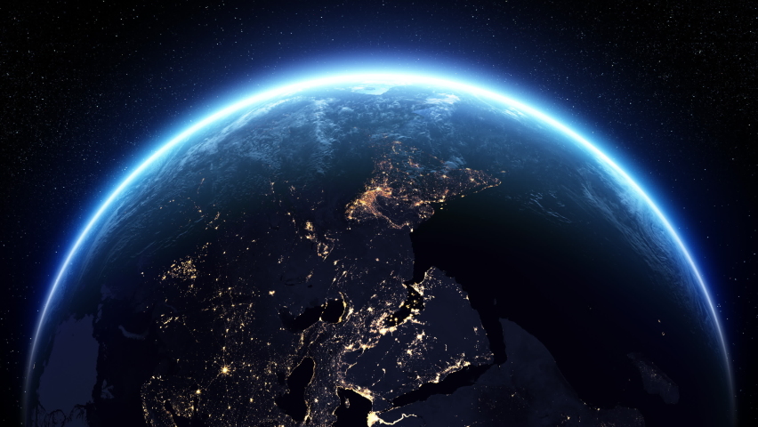 Beautiful Blue Planet. Sunrise Over the Rotating Earth. Night Cities Illustration. Skyline 3d Animation View from Space. Modern Business Technology Concept 4k UHD 3840x2160.