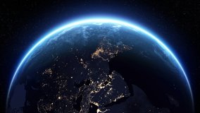 Beautiful Blue Planet. Sunrise Over the Rotating Earth. Night Cities Illustration. Skyline 3d Animation View from Space. Modern Business Technology Concept 4k UHD 3840x2160. - Powered by Shutterstock - Get 15% off with code: PIKWIZARD15