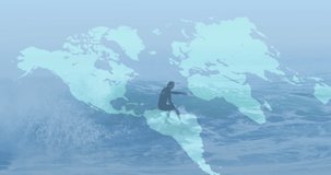 Animation of world map and connections over caucasian male surfer surfing on waves. water sports, active lifestyle and vacations concept digitally generated video.
