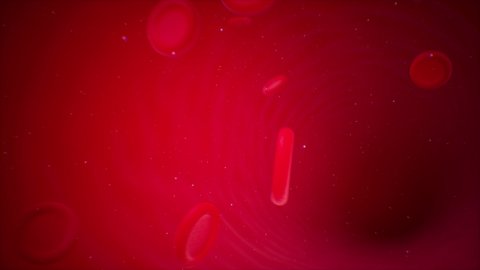Erythrocytes moving in the artery bloodstream. Microscopic red blood cells flowing on red background. Blood elements. Human circulatory system. Scientific medical research, tests, analyses. 3d render