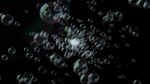 Futuristic flight of soap bubbles in endless space in neon rays of light with a beautiful shade. Slow motion. Beautiful background of a disco, party. 3D. 4K. Isolated black background.