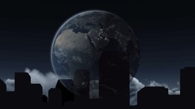 Animation of globe over cityscape and cloudy sky. globalization and society concept digitally generated video.