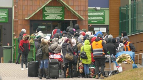 Medyka , Poland - 04 02 2022: Ukrainian-Polish border crossing base camp for Ukrainian refugees