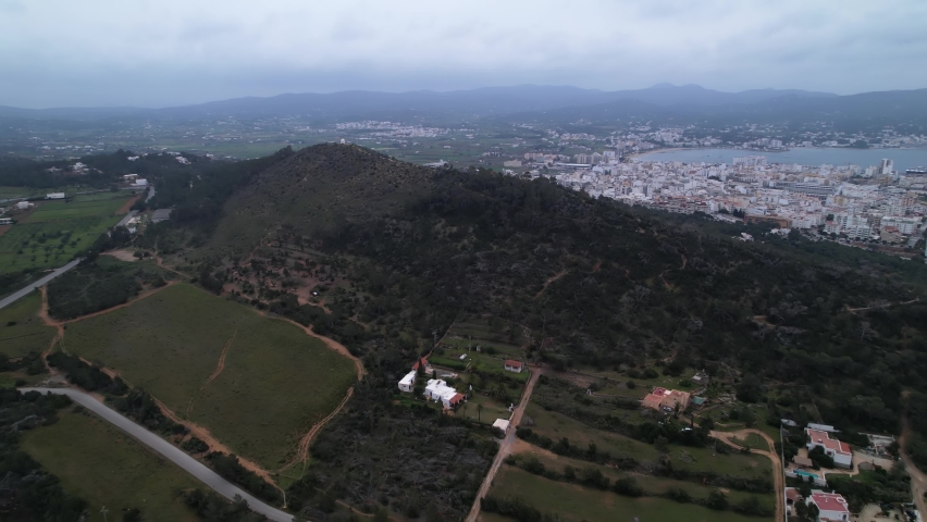 Sant Antoni de Portmany Ibiza Spain, aerial view of landscape and homes.