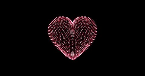 hearts love pink red, animated dots, particles. 4K, abstract heart shaped particles. motion graphics. graphic design element. isolate on black background