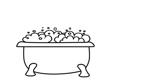 Bath with water and soap foam. Self drawing animation. White background.