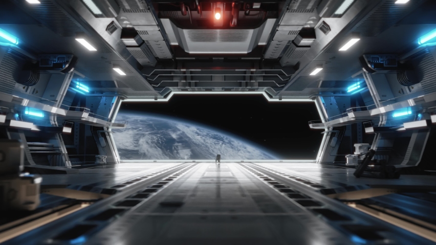 Astronaut in a Large Futuristic Space Station looking at Earth or Unknown Blue Planet. 3D Animation of Spaceship with a Cosmonaut in Spacesuit. Spaceflight Technology Travel Exploration. Spaceman.4k | Shutterstock HD Video #1089236117