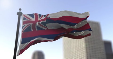 Hawaii state waving flag on blurry background, USA state news illustration. Blurry background