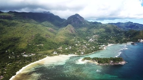 Aerial footage of the beautiful coastline of Mahe, Seychelles 