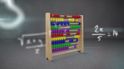Animation of handwritten mathematical equations moving over abacus on grey background. education, knowledge and learning concept digitally generated video.