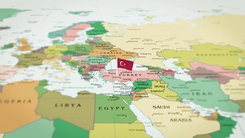 Animation video of Turkey, on the map and approaching its flag. Shot of the red Turkey, flag with a waving star in focus in high resolution. Which has borders and neighboring countries.