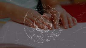 Animation of globe and connections over hands of biracial blind boy. global connections, disability, technology and digital interface concept digitally generated video.
