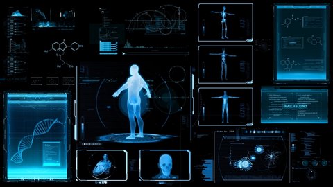 Blue abstract medical user interface. Futuristic medicine infographics and health technology HUD elements in motion. 3D rendering